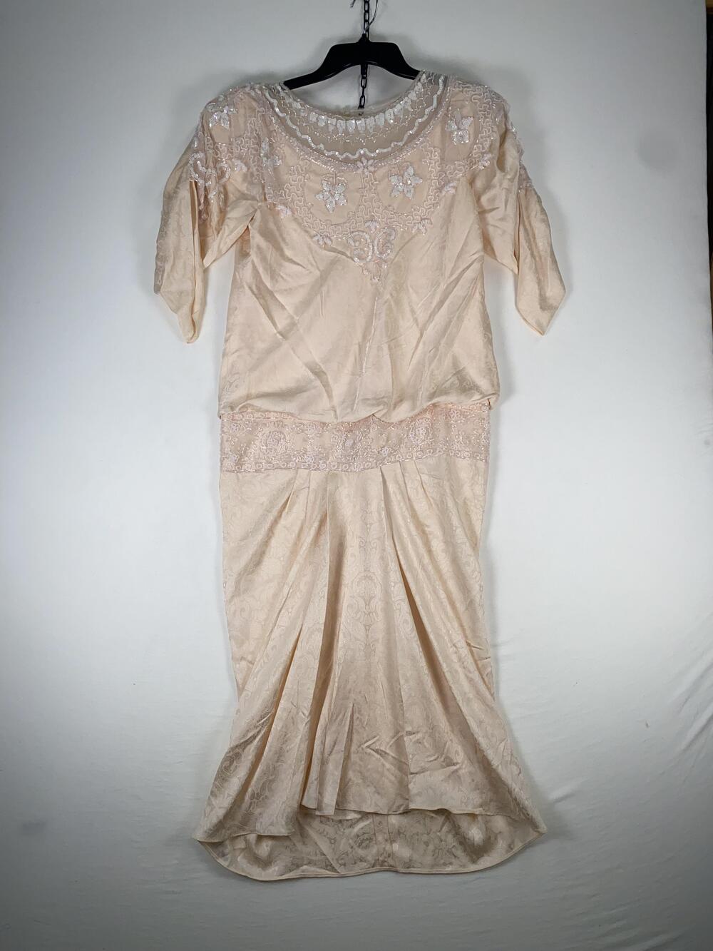 Digna Yero Dress Womens 6 Beige Sequin Jacquard Mermaid Maxi Formal Gown